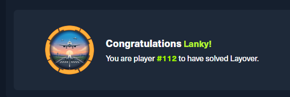 Hack The Box completion message showing Lanky as player 112 to solve Layover